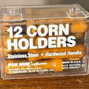 NIB Set Of 12 Vintage Fox Run Craftsmen Walnut & Stainless Steel Corn Holders